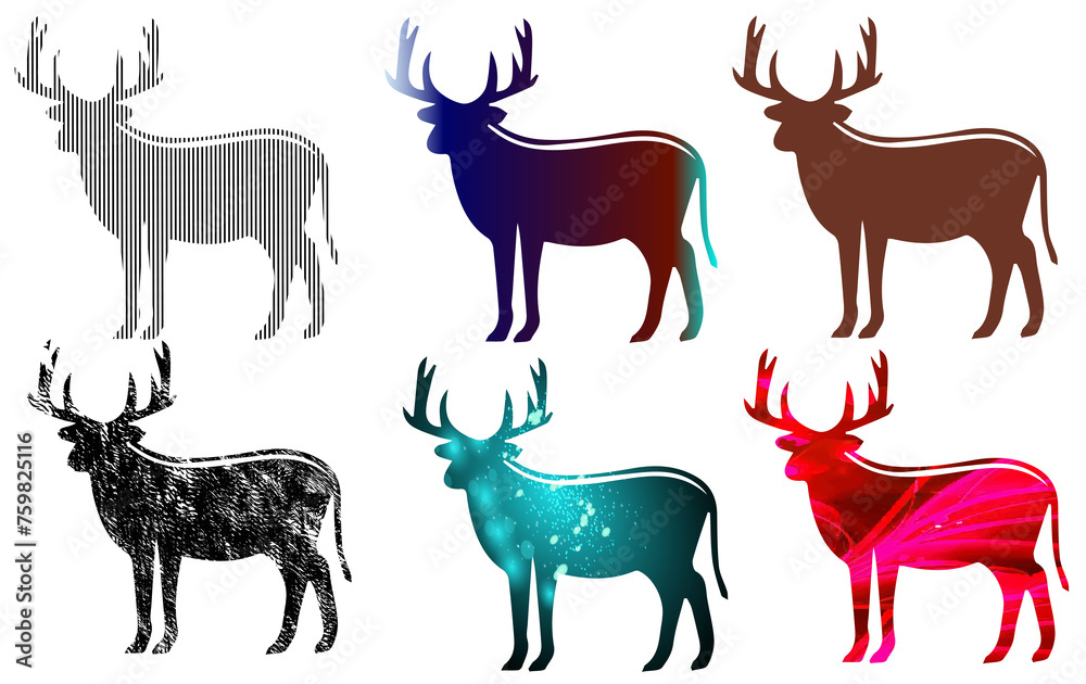 set of silhouette colorful deer set of silhouette colorful deer