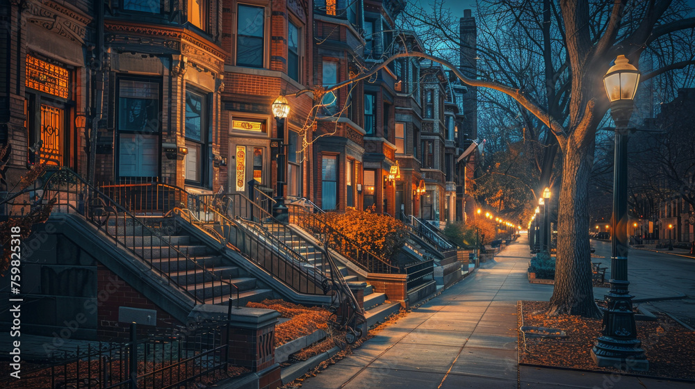 Artistic Row of Crimson and Azure Townhouses at Night Gen AI