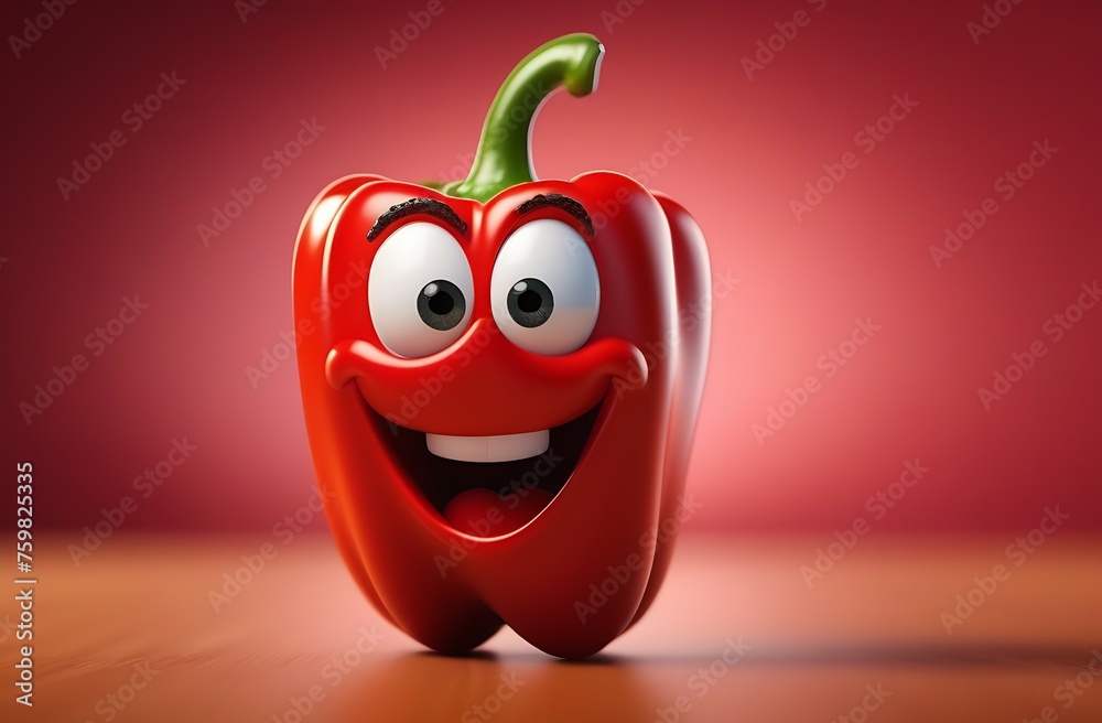 Illustration of cheerful, smiling cartoon character in form of red bell pepper on red background, concept of healthy eating