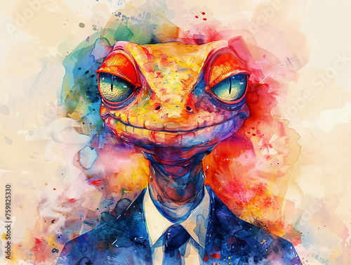 watercolor Whimsical neon creature in business suit immersed in Bitcoin fantasy