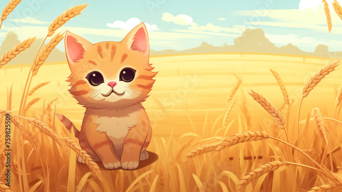 Gatinho fofo em um campo de trigo - Ilustra    o infantil