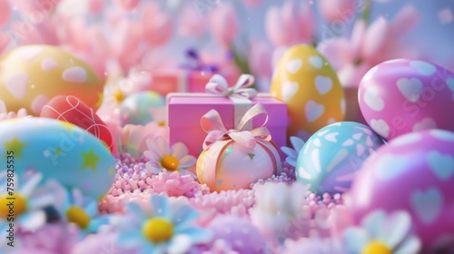 Whimsical Easter-themed image with heart-patterned eggs among fantasy flowers and gifts photo