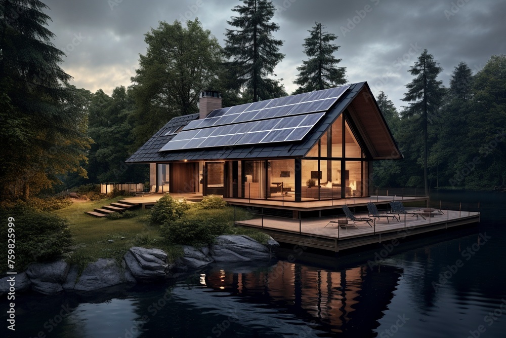 Modern technological smart house in the forest with solar panels on the roof