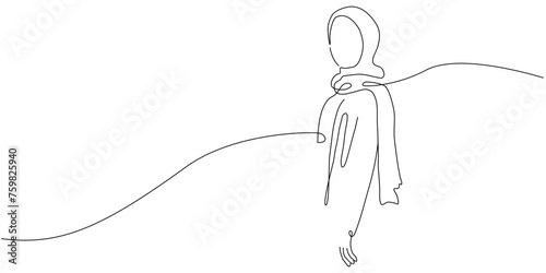 Vector illustration of woman wear hijab in one line style. Women wearing hijab scarf continuous one line drawing muslim figure illustration