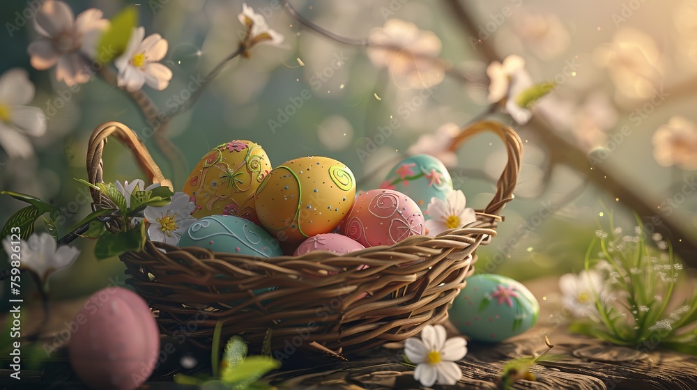 A charming scene of a sunlit basket overflowing with beautifully decorated Easter eggs nestled among spring flowers A charming scene of a sunlit basket overflowing with beautifully decorated Easter eggs nestled among spring flowers