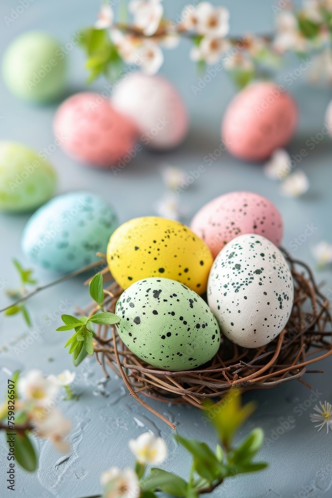 Vibrant Easter eggs in hues adorned with speckles resting in a bird's nest surrounded by seasonal blossoms Vibrant Easter eggs in hues adorned with speckles resting in a bird's nest surrounded by seasonal blossoms