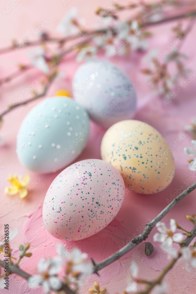 Elegant speckled pastel Easter eggs spread on a pink surface with subtle floral accents enhancing the composition Elegant speckled pastel Easter eggs spread on a pink surface with subtle floral accents enhancing the composition