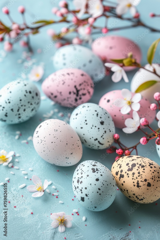 An array of colorful Easter eggs nestled amongst cherry blossoms on a serene blue backdrop symbolizing rebirth