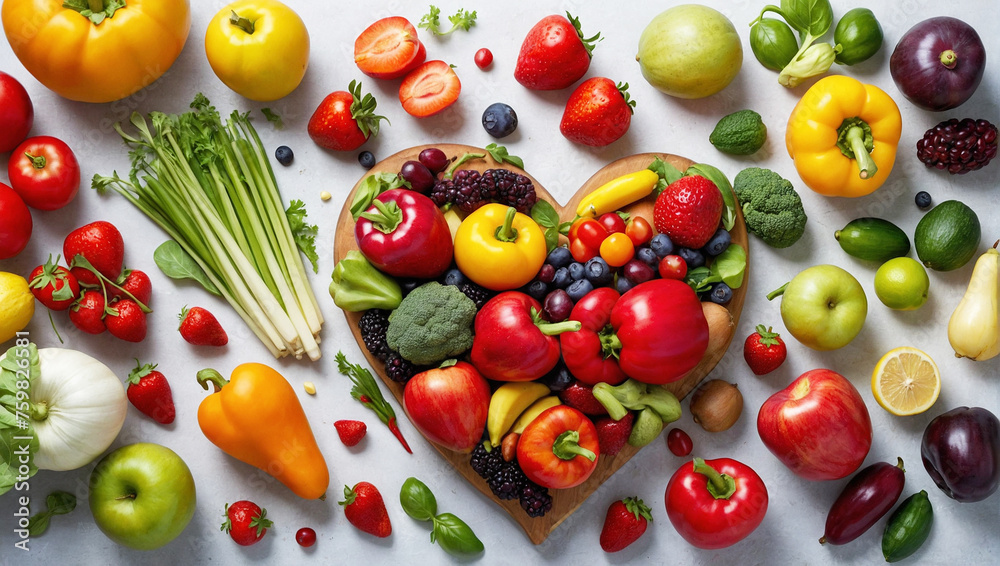 Eine große Menge Früchte, Obst und Gemüse liegen auf einem Tisch und formen ein menschliches Herz - obrazy, fototapety, plakaty 