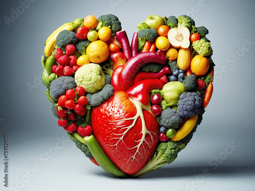 Eine große Menge Früchte, Obst und Gemüse liegen auf einem Tisch und formen ein menschliches Herz, Symbol für Herzgesundheit