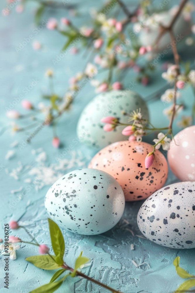 Soft pastel Easter eggs adorned with speckles and surrounded by spring flowers and matching candies