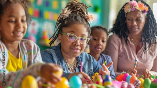 A young girl with glasses and floral decorations paints eggs with friends under adult supervision