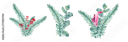 Watercolor winter bouquets. Hand-drawn conifer, eucalyptus leaves and alex berries branches with pink calla flowers. Christmas Manual illustrations set, traditional technique. Isolated on transparent.