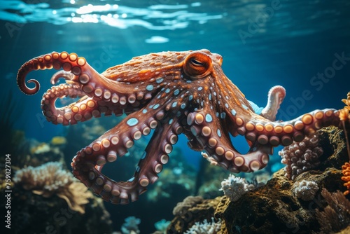 Close up view of mesmerizing octopus in clear blue waters creating a captivating underwater scene © Evgeny