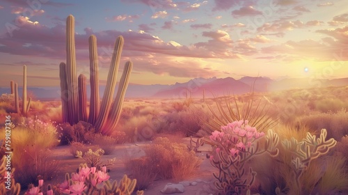 scenic view of dessert with cactuses, golden hour