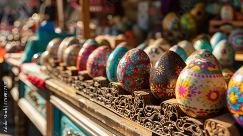 An array of Easter eggs, exquisitely hand-painted with complex designs, beautifully arranged for display
