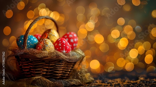 A wicker basket filled with multicolored Easter eggs against a sparkling bokeh background photo