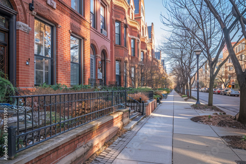 Artistic Crimson and Azure Townhouses with Art Deco Ornamentation Gen AI photo