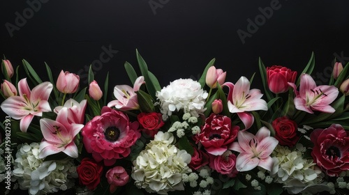 peonies  roses  tulips  lilies  and hydrangeas arranged against a striking black background  leaving plenty of empty space for text or graphics in a realistic photograph.