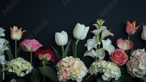 peonies  roses  tulips  lilies  and hydrangeas arranged against a striking black background  leaving plenty of empty space for text or graphics in a realistic photograph.