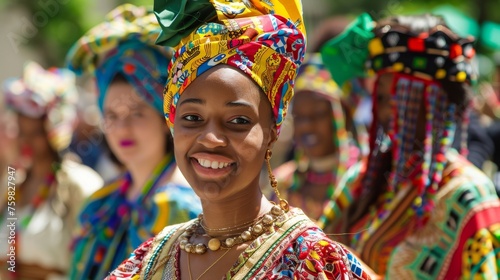 A cheerful woman in traditional African dress with a vibrant head wrap stands out in a crowd