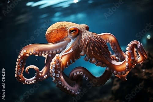 Close-up octopus in clear blue waters, sunlight shining, mesmerizing underwater scene