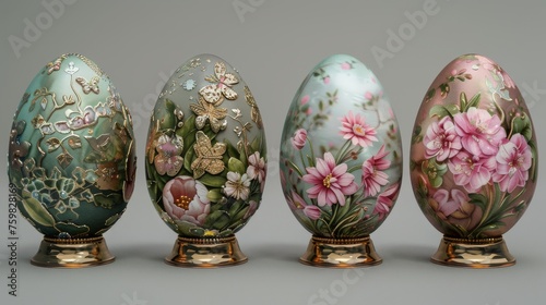 A stunning collection of four Easter eggs with intricate designs, adorned with floral and nature motifs on golden stands photo