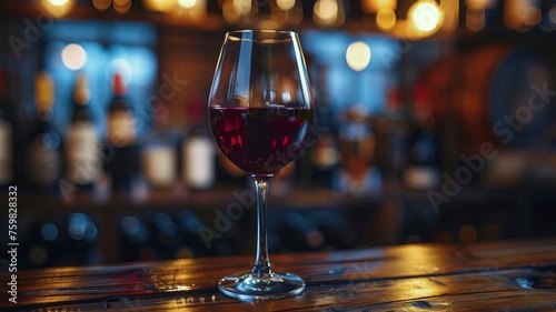 Red wine glass in sharp focus with a warm, bokeh background