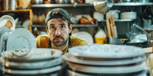 Kitchen worker staring at a mountain of dirty dishes, a close-up showing the overwhelming feeling , concept of Workload exhaustion © koldunova
