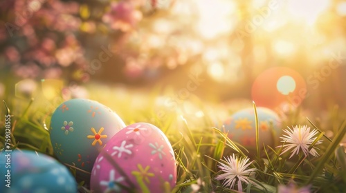 Colorful Easter eggs lie in the grass, bathed in the soft, warm light of a sunsetting spring day