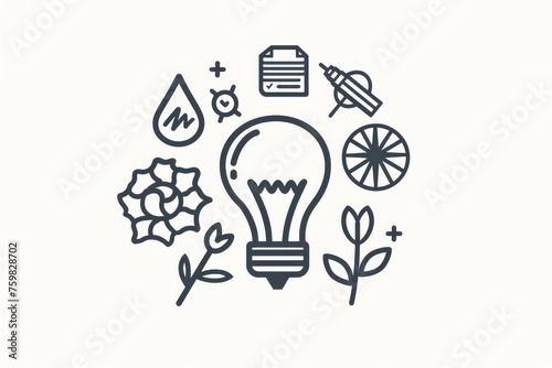 Line drawing of an artistic lightbulb surrounded by symbols representing nature and creativity