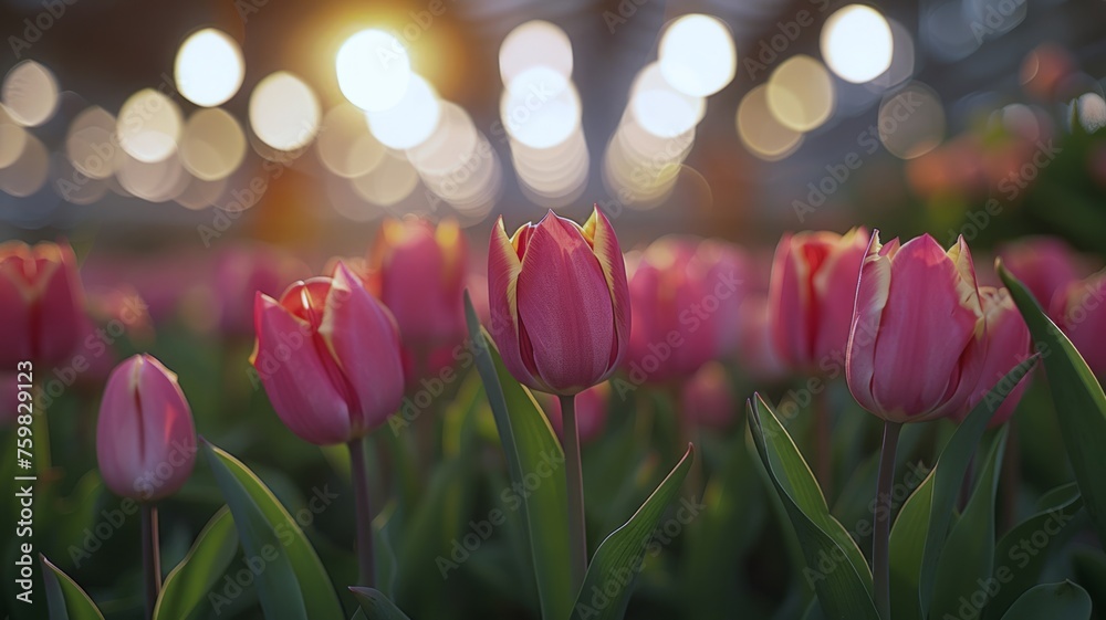 Serene tulip garden basking in the warm glow of greenhouse lights