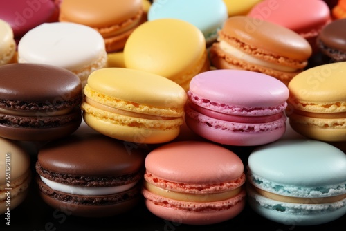 Colorful assortment of french macaroons from above. Delicious sweet confections for sale.