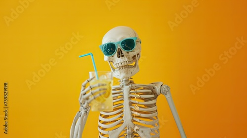 Skeleton sitting with cocktail, skull and bone with drink. Alcohol beverage in bar. Fun summer character. AI generated