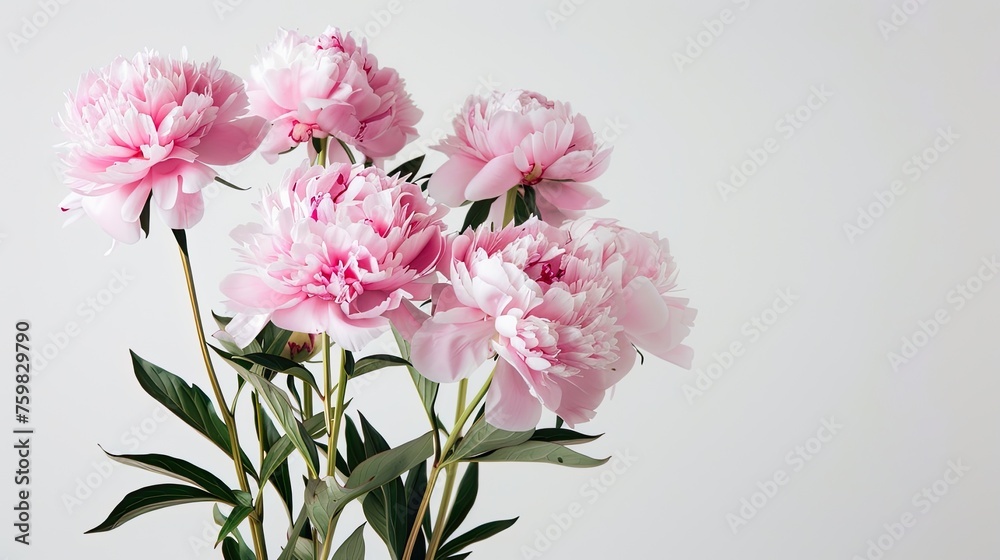 white, red, or pink peonies against a clean white background, leaving ample space for text or graphic elements in a realistic photograph. white, red, or pink peonies against a clean white background, leaving ample space for text or graphic elements in a realistic photograph.