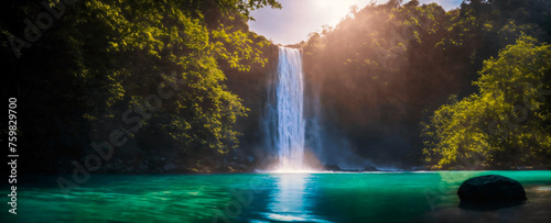Panoramic view of tropical waterfall and calm lake with clear blue waters in a summer or spring day. © Creative mind