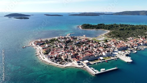 Island of Krapanj on the Adriatic sea - drone shot 4k photo