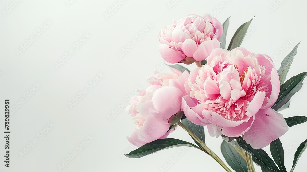 white, red, or pink peonies against a clean white background, leaving ample space for text or graphic elements in a realistic photograph. white, red, or pink peonies against a clean white background, leaving ample space for text or graphic elements in a realistic photograph.