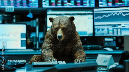 Bear Sculpture Overseeing Stock Trading Monitors Imposing bear sculpture positioned among screens displaying stock market data in a high-tech trading office.

