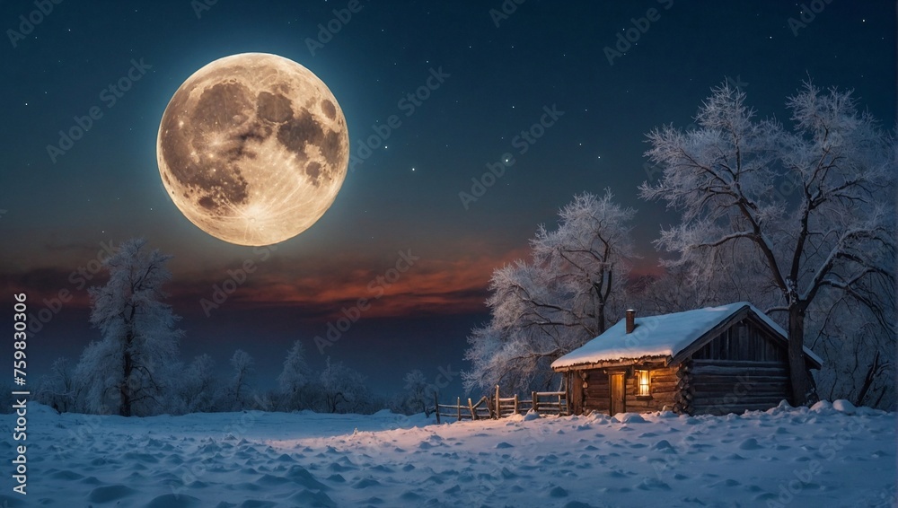 An outdoor area surrounded by natural beauty in winter and the moon, for print and frame, background wallpaper