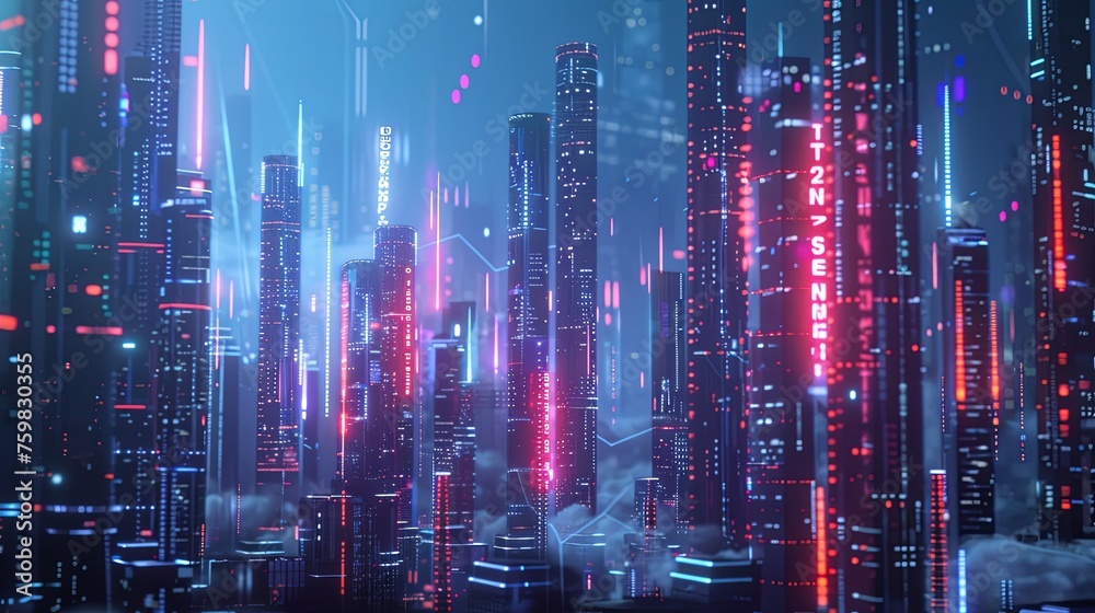 Futuristic Cityscape with Neon Lights and Data Streams An ultra-modern cityscape at night, showcasing towering skyscrapers bathed in neon lights with digital data streams cascading down.

