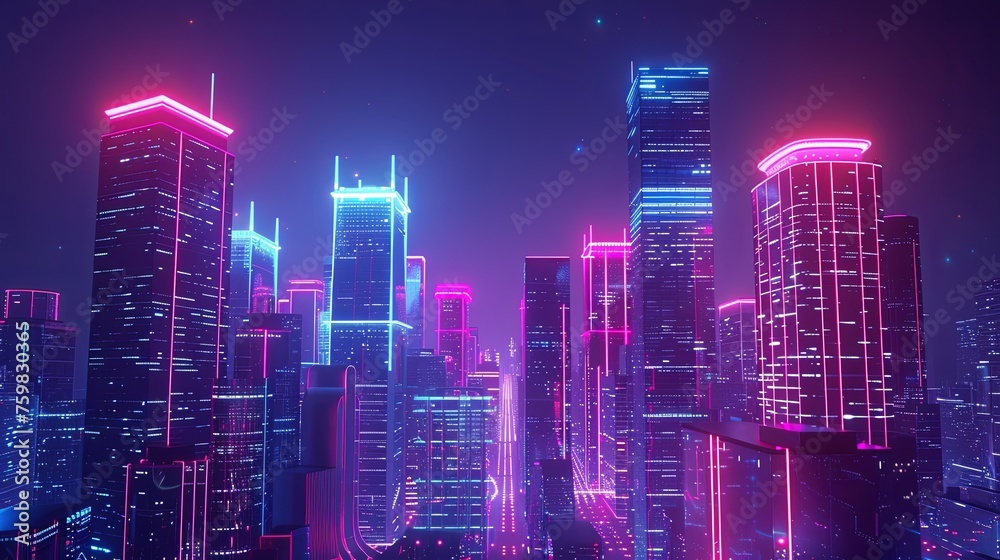 A vibrant neon-lit cityscape at night, showcasing skyscrapers with cyberpunk aesthetics under a starry sky. Neon Cyberpunk Cityscape at Night

