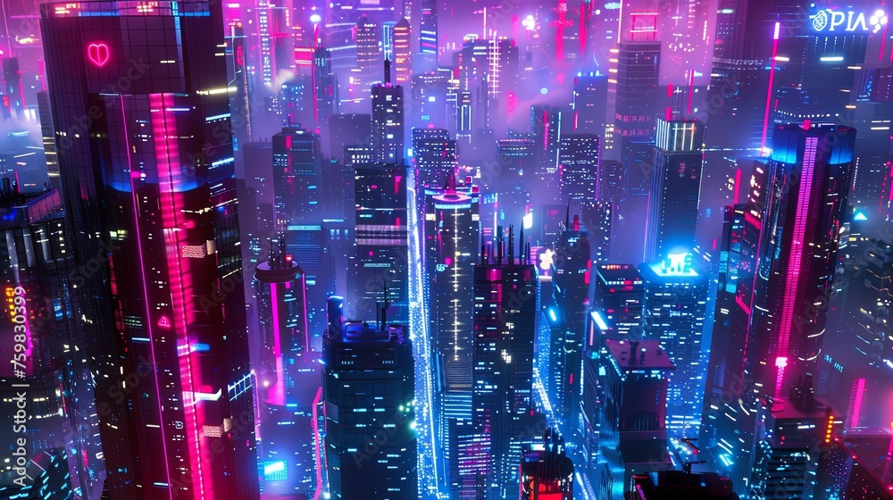 futuristic cityscape background, with neon lights and towering skyscrapers