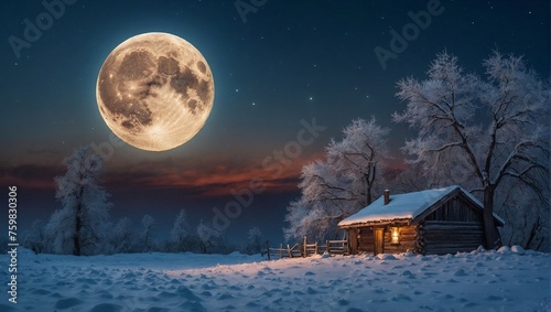 An outdoor area surrounded by natural beauty in winter and the moon, for print and frame, background wallpaper © varol