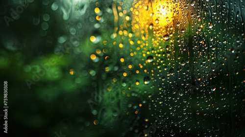 water drops on glass against green garden and sun