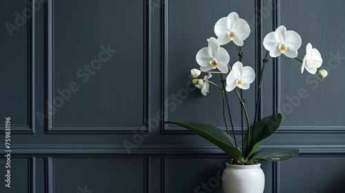 Dark Blue Accent Wall Adorned with Elegant Orchids and a Majestic Elephant Ear Plant in a Modern Interior Design photo
