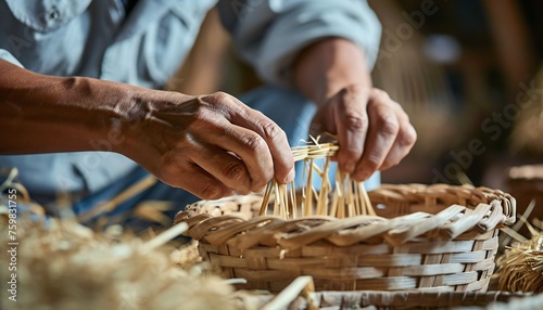 Artisan crafting traditional wicker basket hands photo