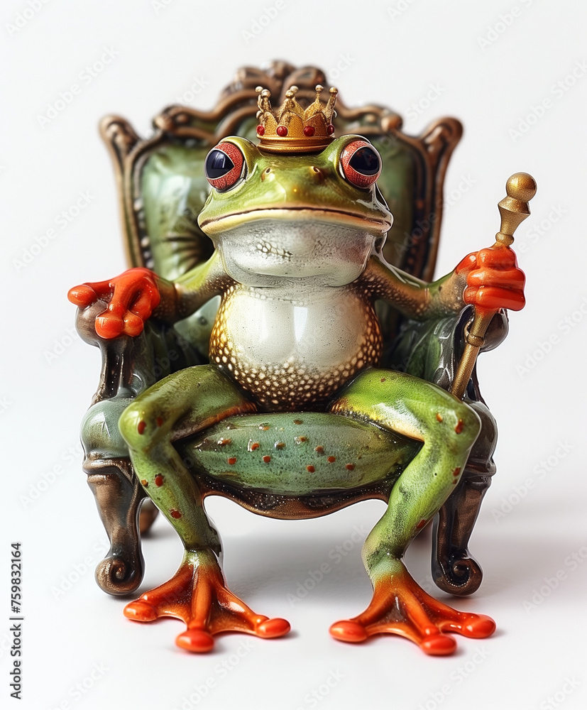 Baśniowa żaba w koronie, na tronie, z berłem - obrazy, fototapety, plakaty 
