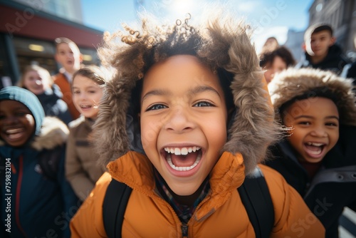 Cheerful multicultural kids of various backgrounds playing happily outdoors at school playground