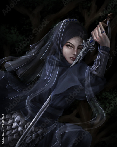 illustration of female Muslim warrior with armor and sword. Fantasy illustration of woman warrior